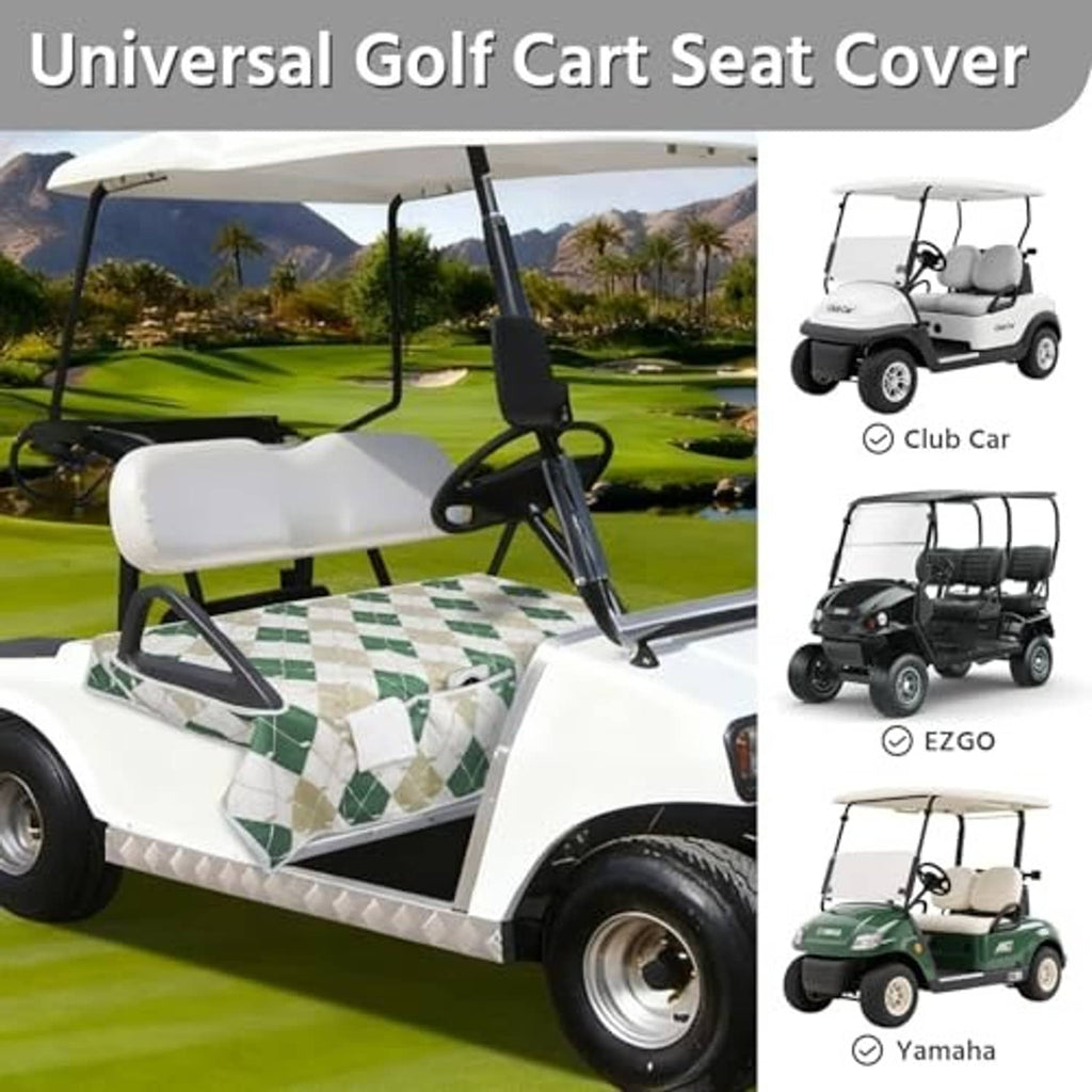 Universal golf cart seat cover with green diamond pattern on beige bench