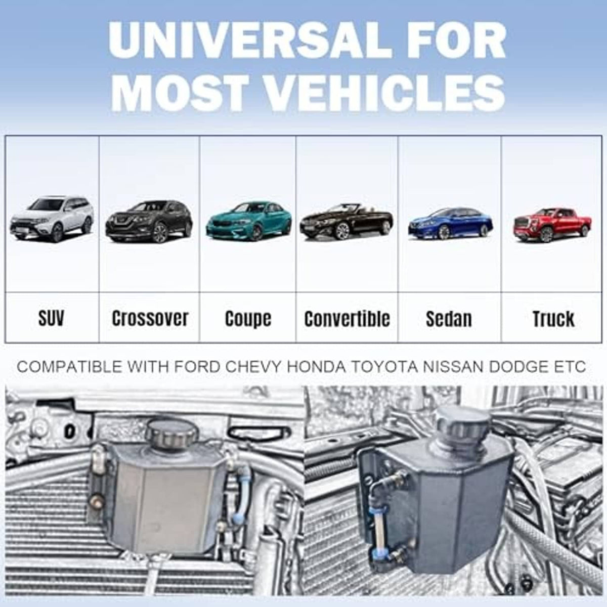 Universal silver aluminum coolant overflow tank with top cap and side inlet/outlet