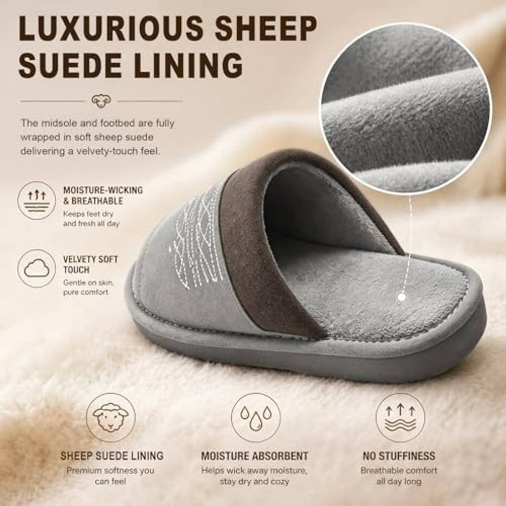 Grey open-toe suede slide slippers with plush interior lining