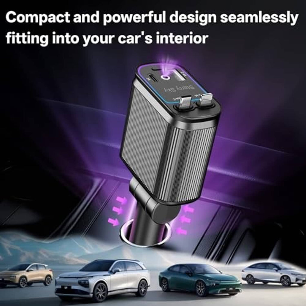 Compact retractable car charger dock with glowing indicator, silver striped body and black base