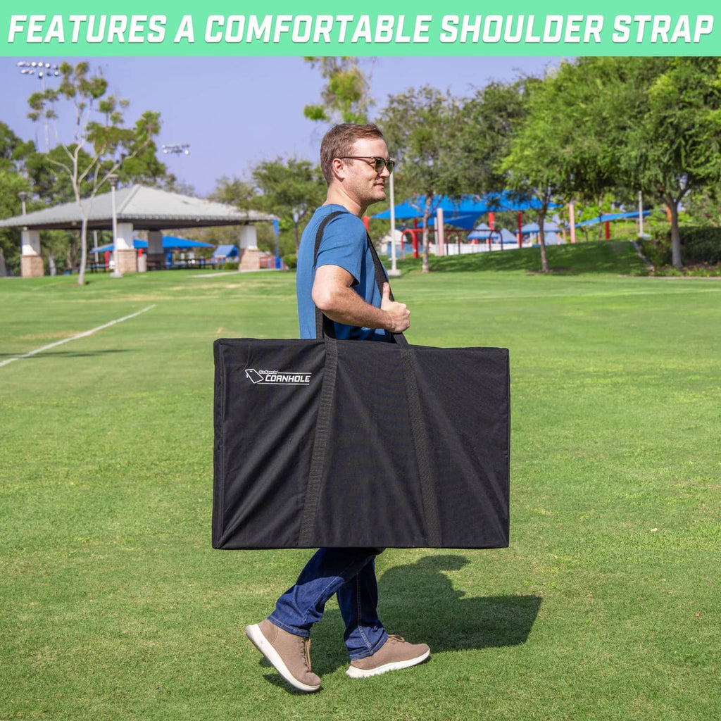 Black corn hole carry case with shoulder strap and dual handles, ready to carry