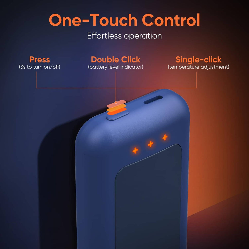 Rechargeable hand warmer, navy blue, one-touch control top button and indicator dots.
