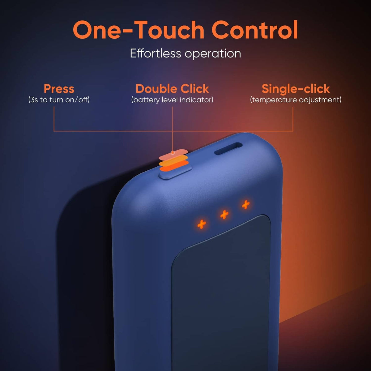 Rechargeable hand warmer, navy blue, one-touch control top button and indicator dots.