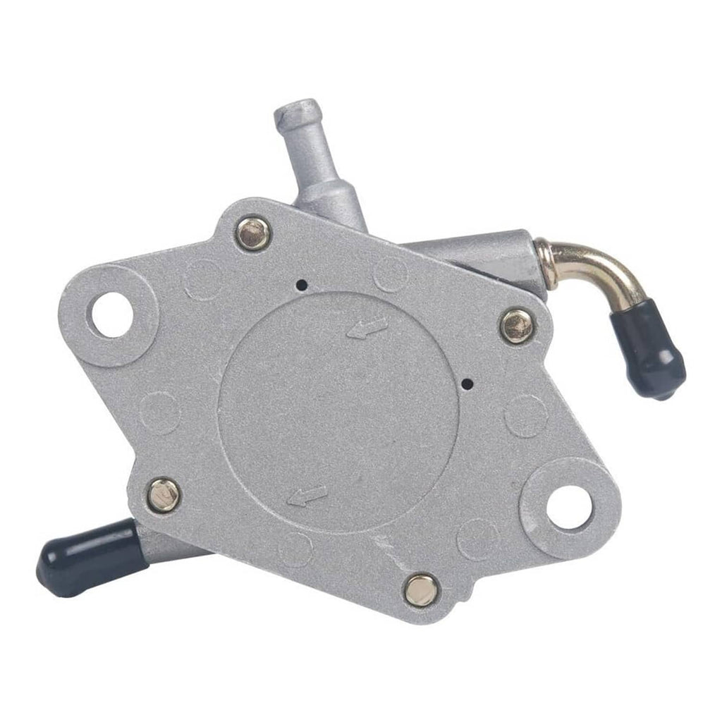 Fuel pump angled side view with circular cap, metal bracket, and fuel inlet loop