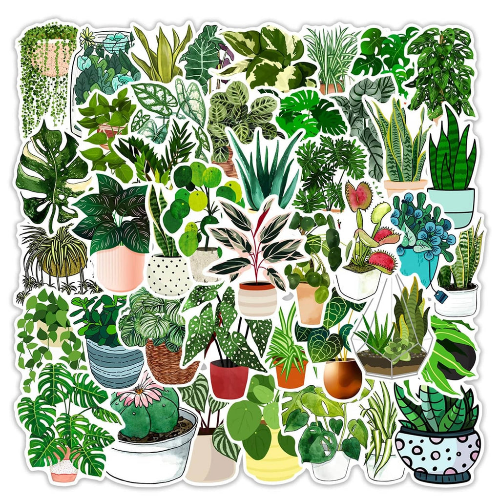 Set of green potted plant die-cut stickers, assorted succulents and leafy plants