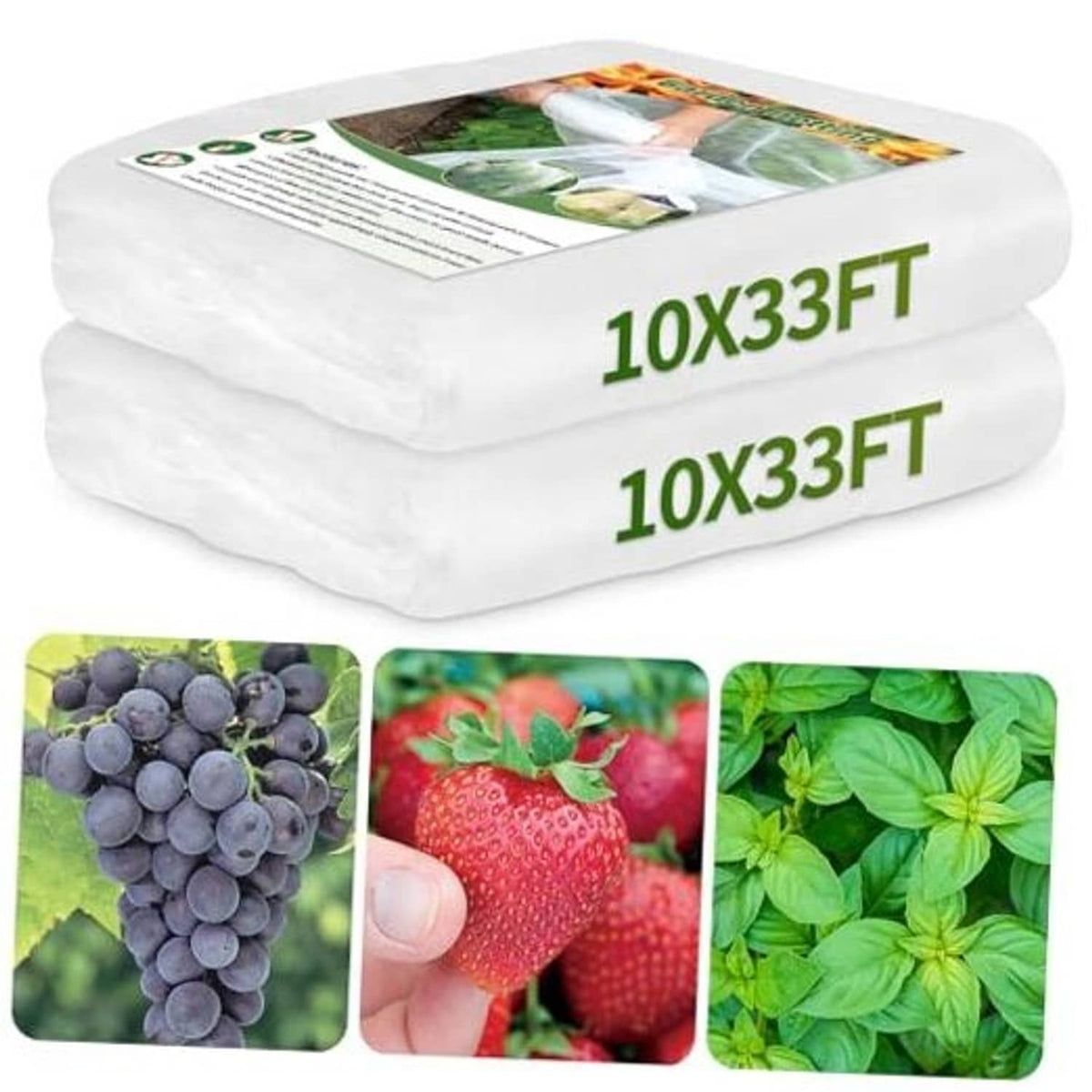 Pack of ultra-fine garden insect barrier netting, white rolls stacked, 10x33FT text visible