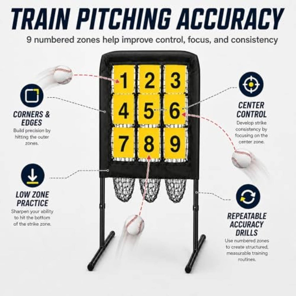 Pitching accuracy trainer net with yellow 3x3 numbered zone target grid