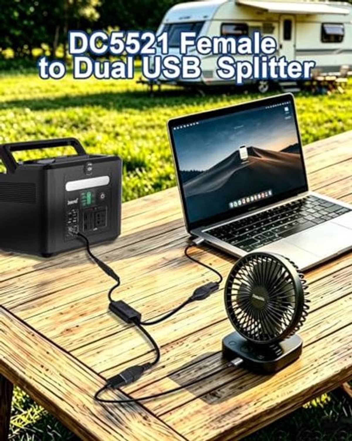 DC5521 female to dual USB splitter powering laptop and device outdoors