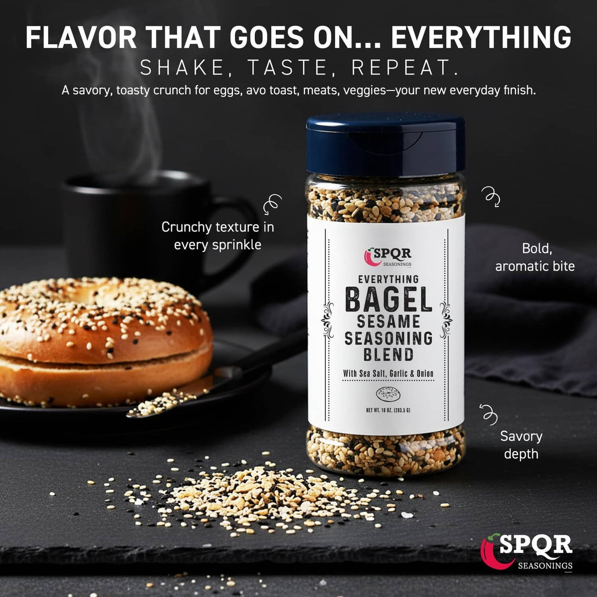 Everything bagel seasoning blend jar with visible sesame and seasoning flakes