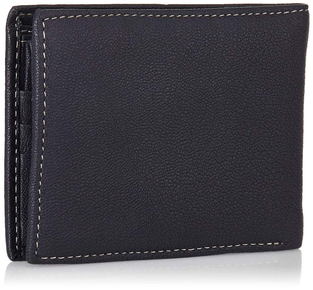 Navy blue textured leather bifold wallet with stitched edges and side card pocket.