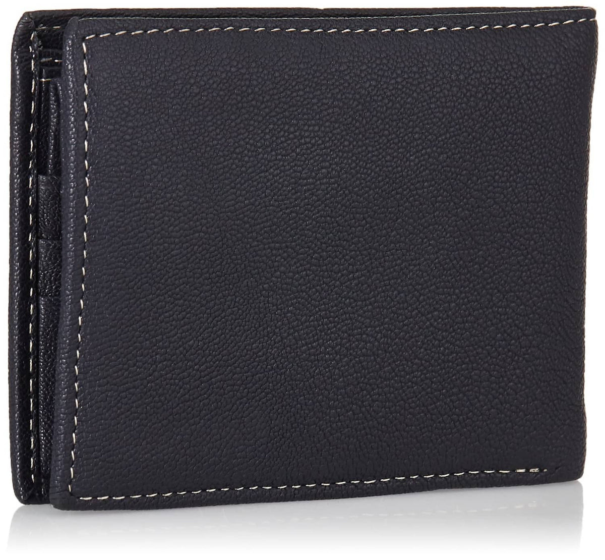 Navy blue textured leather bifold wallet with stitched edges and side card pocket.