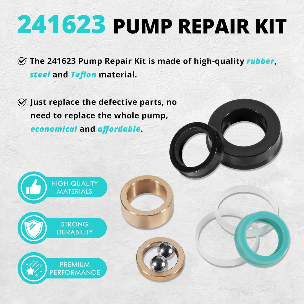 Pump repair kit components: black seals, teal gasket, brass bushing, and steel balls