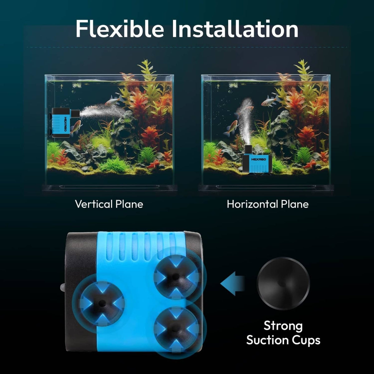 Mini submersible water pump with strong suction cups for aquarium mounting