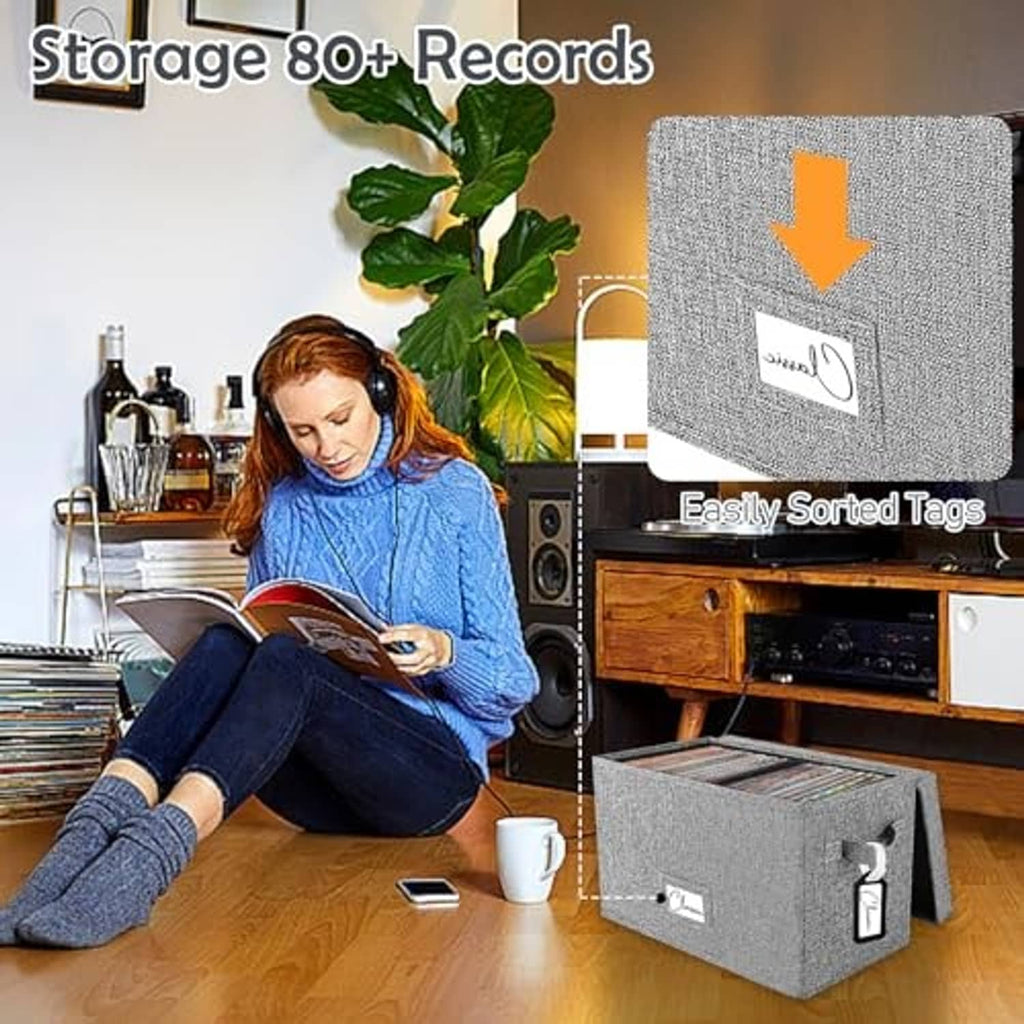 Grey foldable vinyl record storage box with tag window and side handles