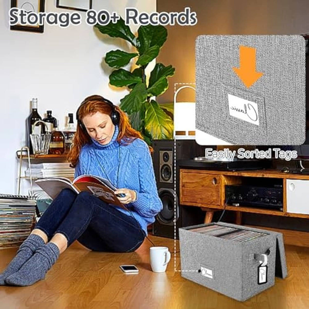 Grey foldable vinyl record storage box with tag window and side handles