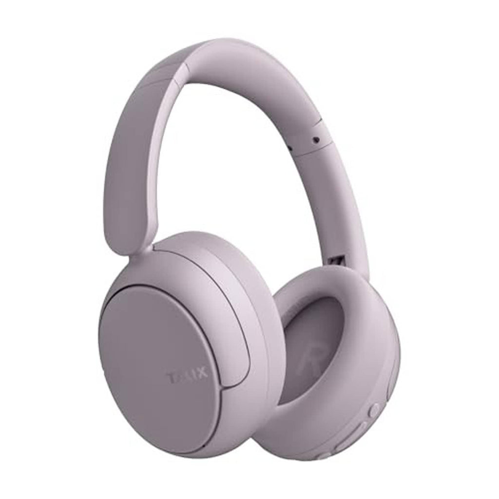 Purple over-ear headphones, angled view, Taix logo on front earcup