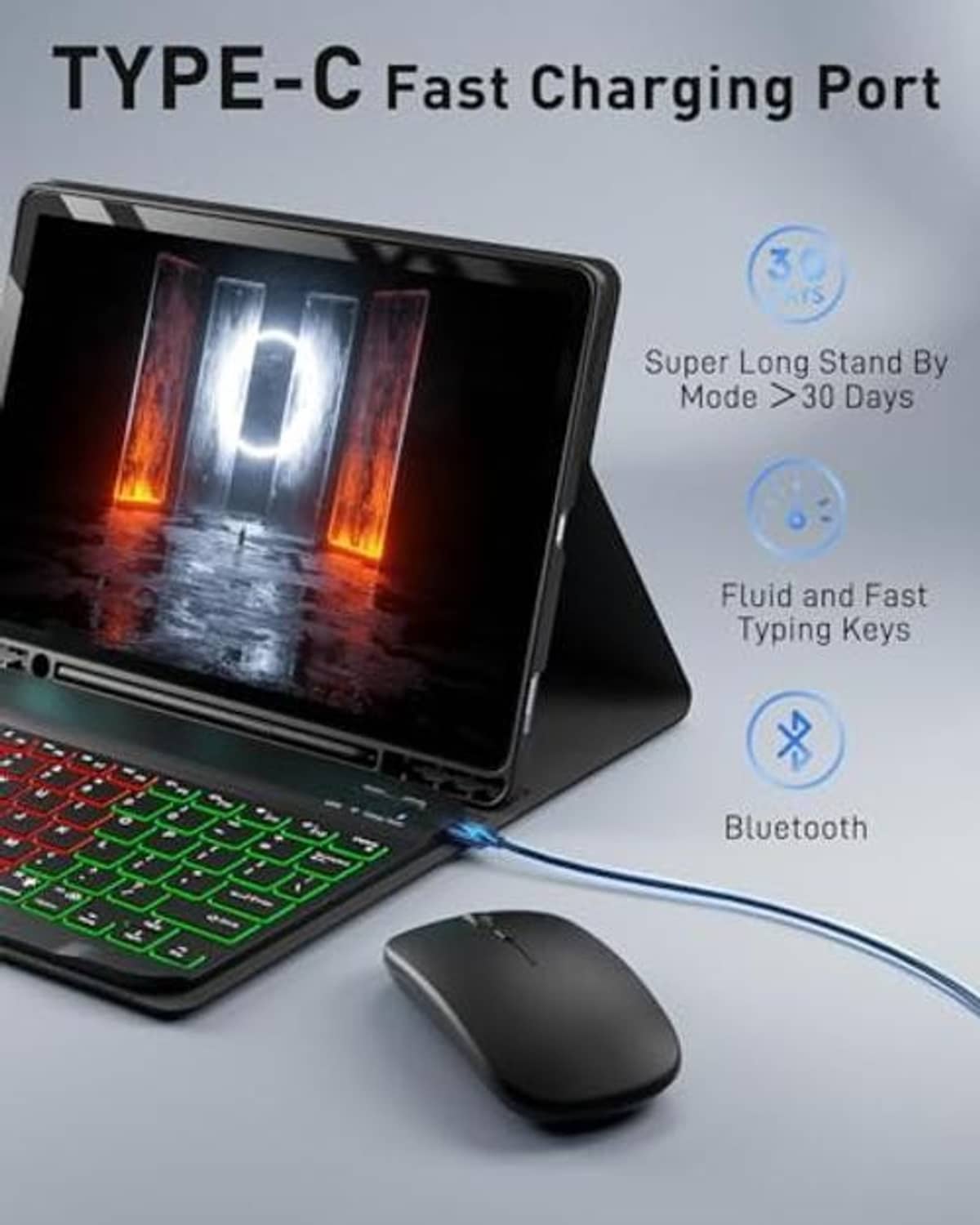 Black keyboard case with USB-C cable, colorful backlit keys, and wireless mouse