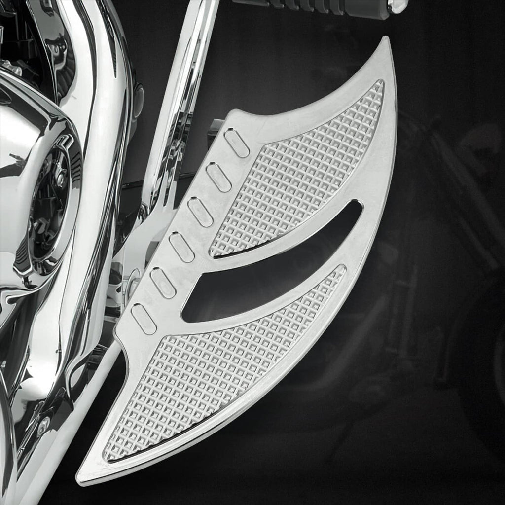 Motorcycle footpeg floorboards, textured silver steps with mounting pads and brackets