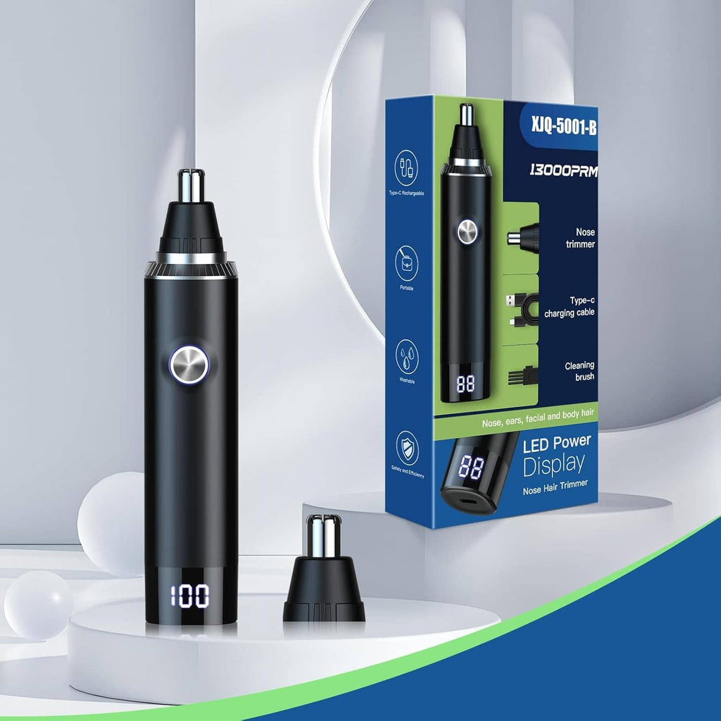 Black ear and nose hair trimmer with LED display and nose attachment, boxed