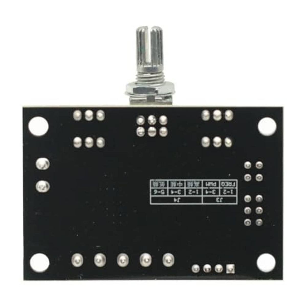 Stepper motor controller PCB underside with metal shaft pin and rows of solder points