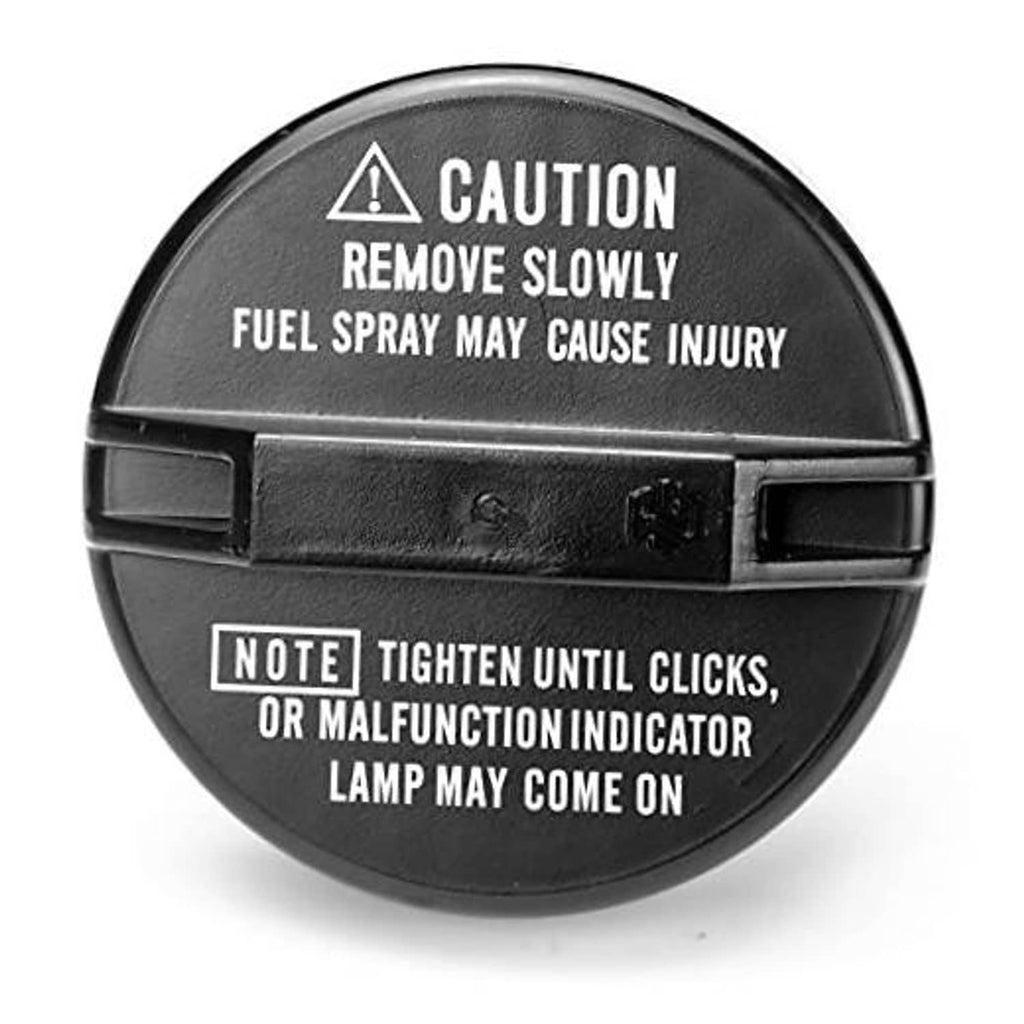 Fuel cap with molded caution text, black circular housing and side grip tabs