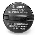 Fuel cap with molded caution text, black circular housing and side grip tabs