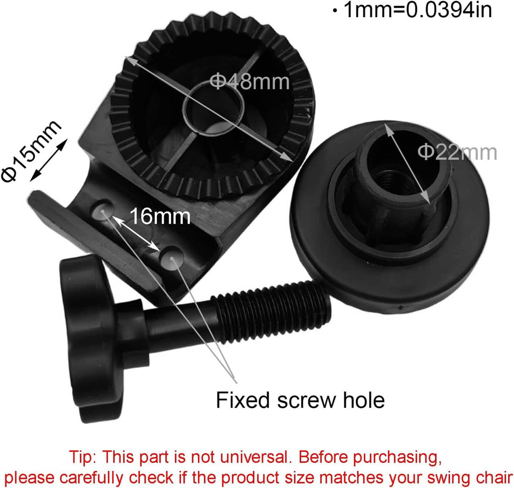 Black plastic canopy frame connector parts with ridged gear and threaded screw end