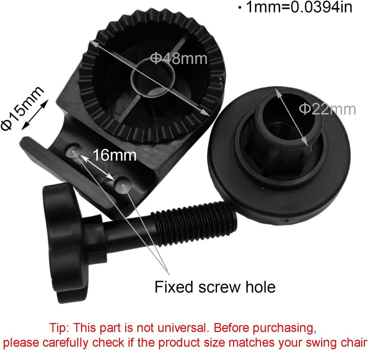 Black plastic canopy frame connector parts with ridged gear and threaded screw end