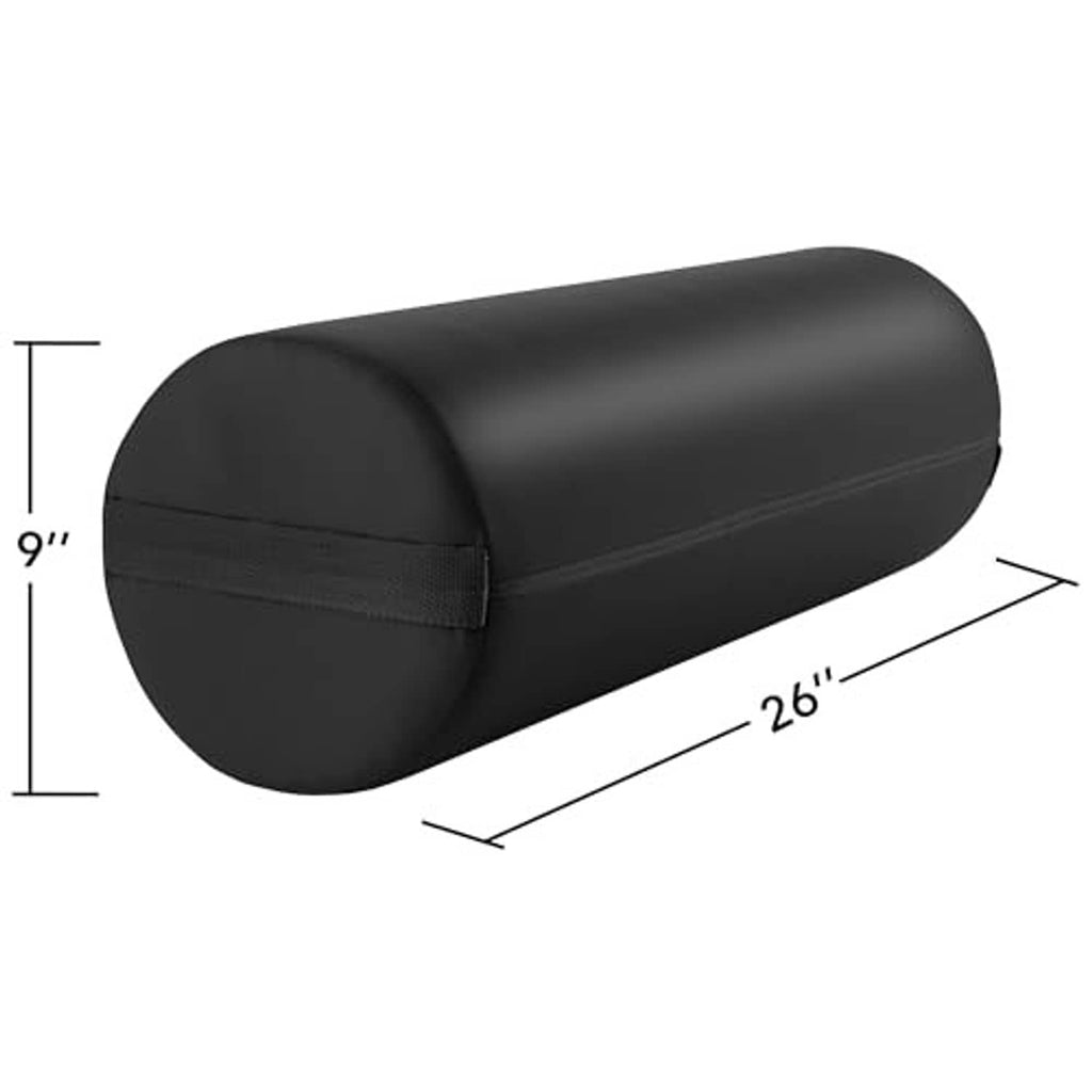 Black round massage table bolster pillow pad, shown with 26 x 9 in dimensions