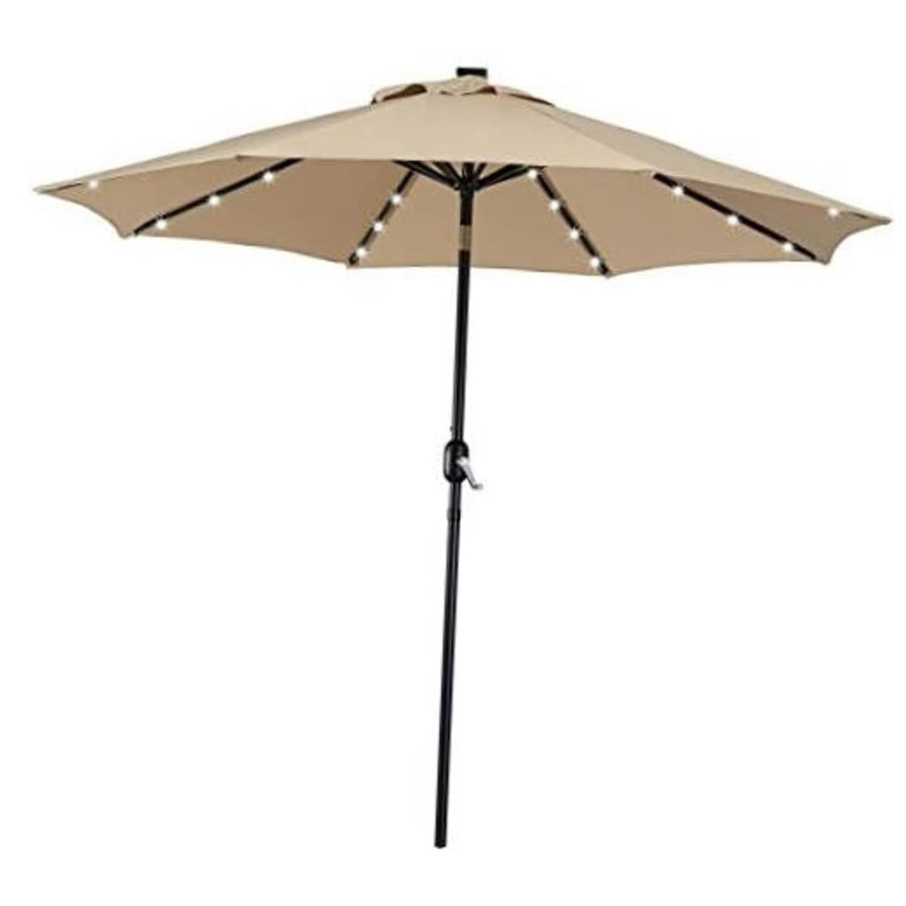 Tan patio umbrella with LED light strips under canopy, on black center pole