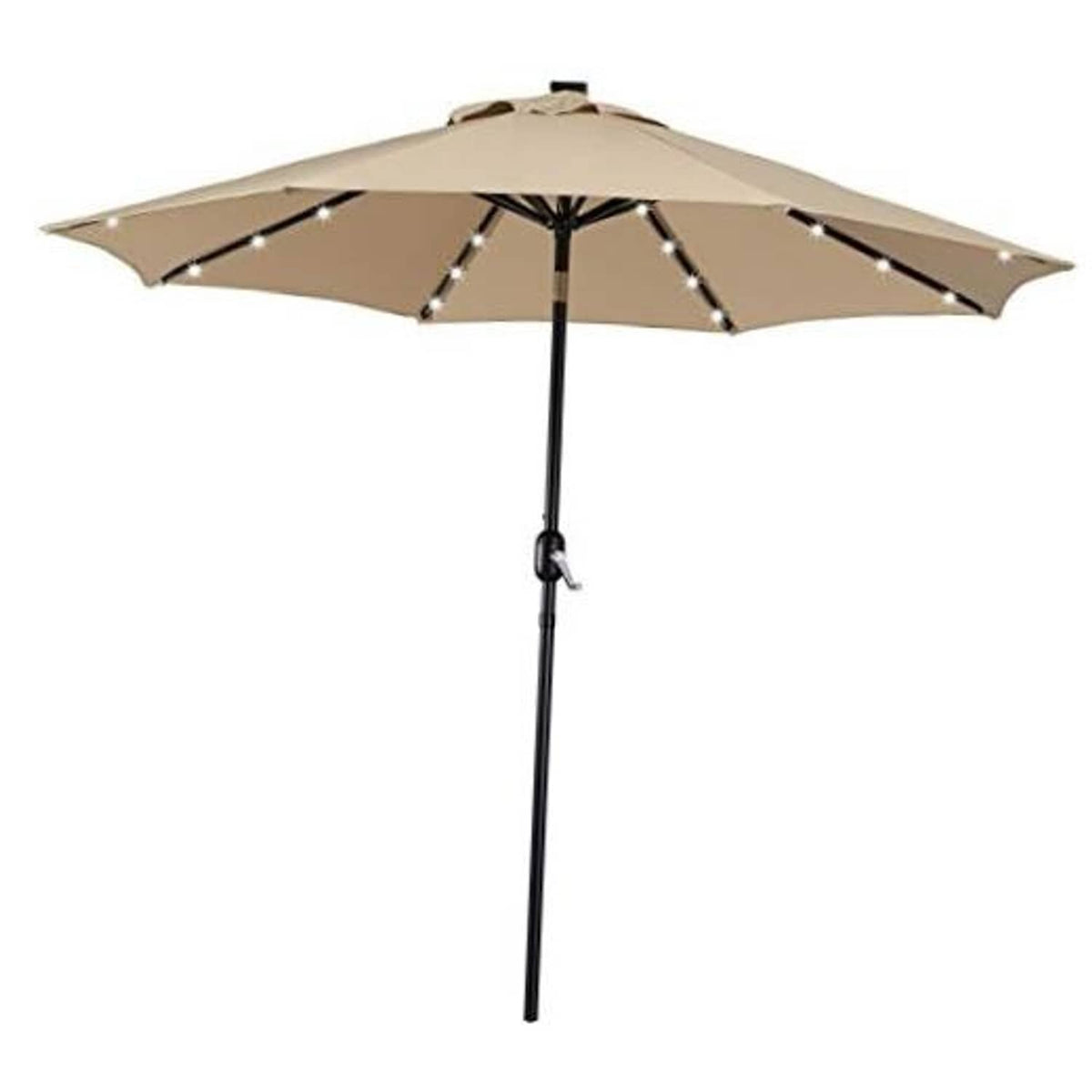Tan patio umbrella with LED light strips under canopy, on black center pole