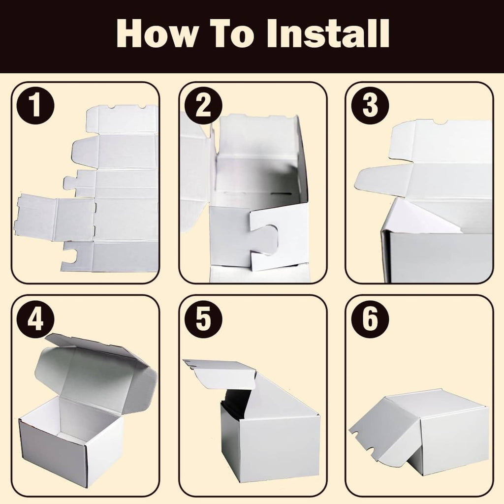 White flat-pack cardboard card storage box pieces shown for assembly steps