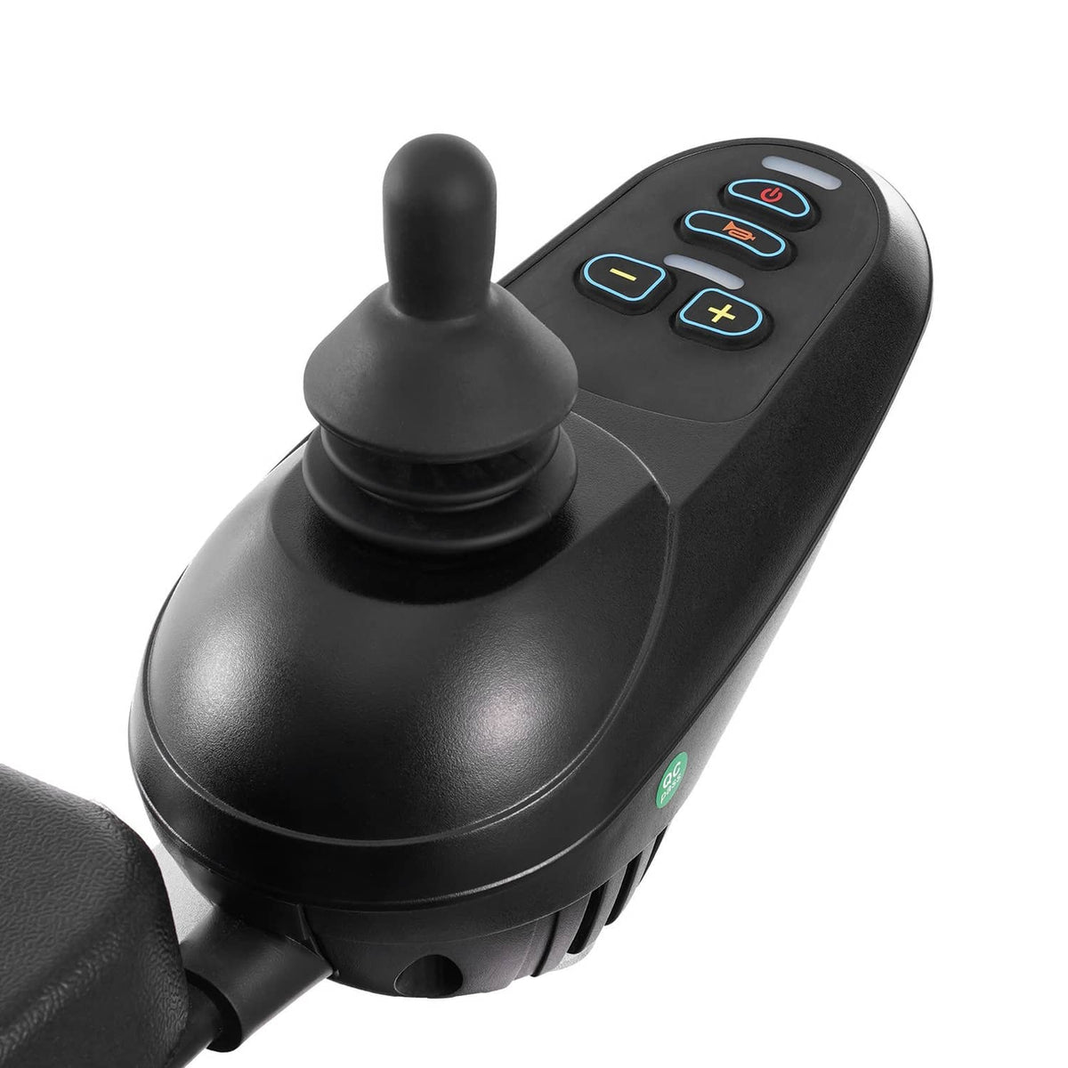 Electric wheelchair joystick control with black grip and multi-button panel.