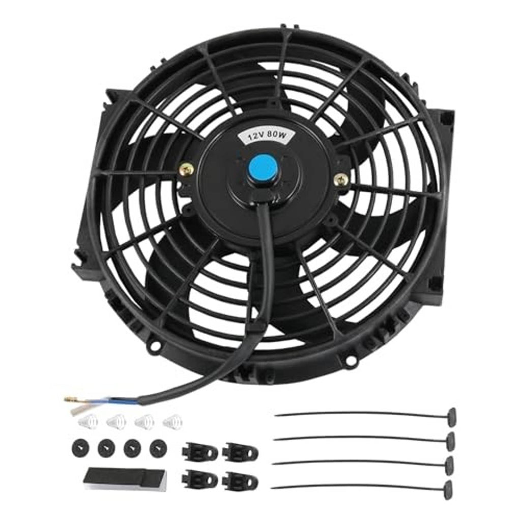 Black 10-inch electric radiator cooling fan assembly kit with power wires and brackets
