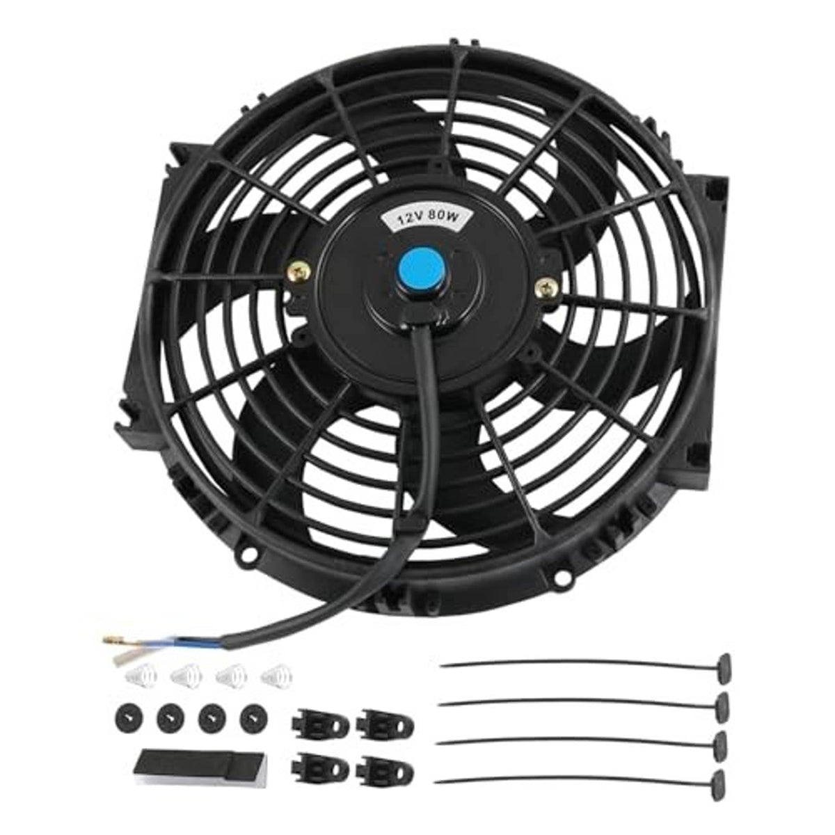 Black 10-inch electric radiator cooling fan assembly kit with power wires and brackets