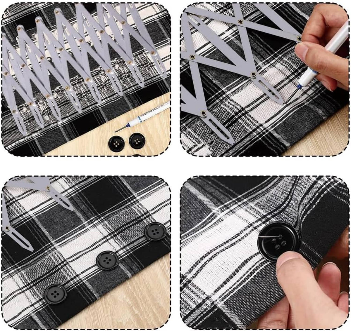 Sewing gauge divider guide placed on plaid fabric with a hand adjusting positions