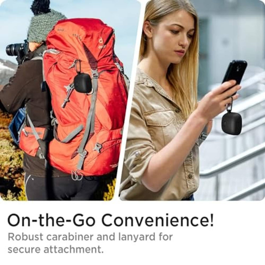 Black earbuds case with carabiner keychain for secure on-the-go carry