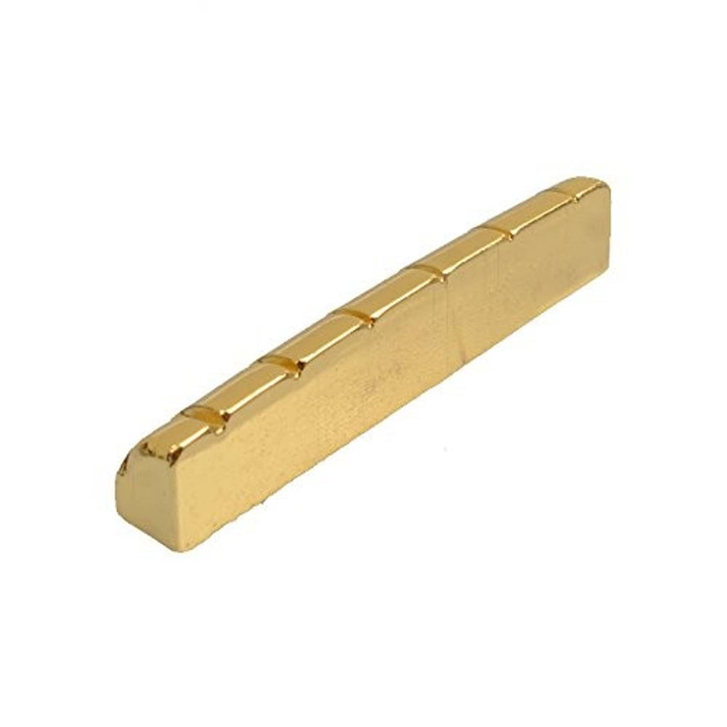 Gold-plated brass acoustic guitar nut piece, close-up end and top view.