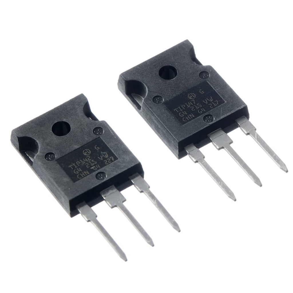 Pair of black TO-3P transistors at an angle with three white leads each