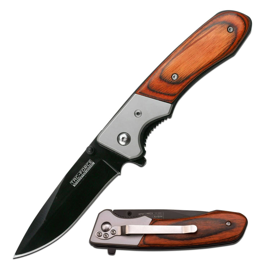 Tac-Force folding pocket knife, black drop-point blade, wood grip handle
