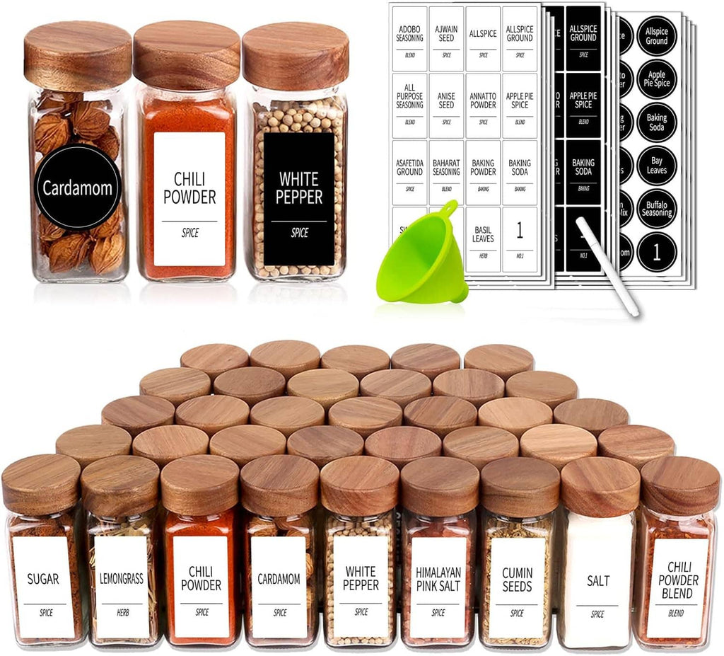 48 square glass spice jars with wood lids and label sheets arranged with funnel