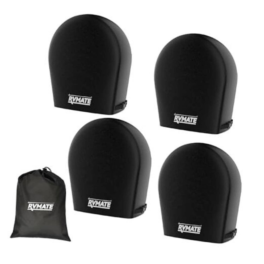 Black RV tire covers with rounded tops and RVMATE logo, 4-pack with storage bag