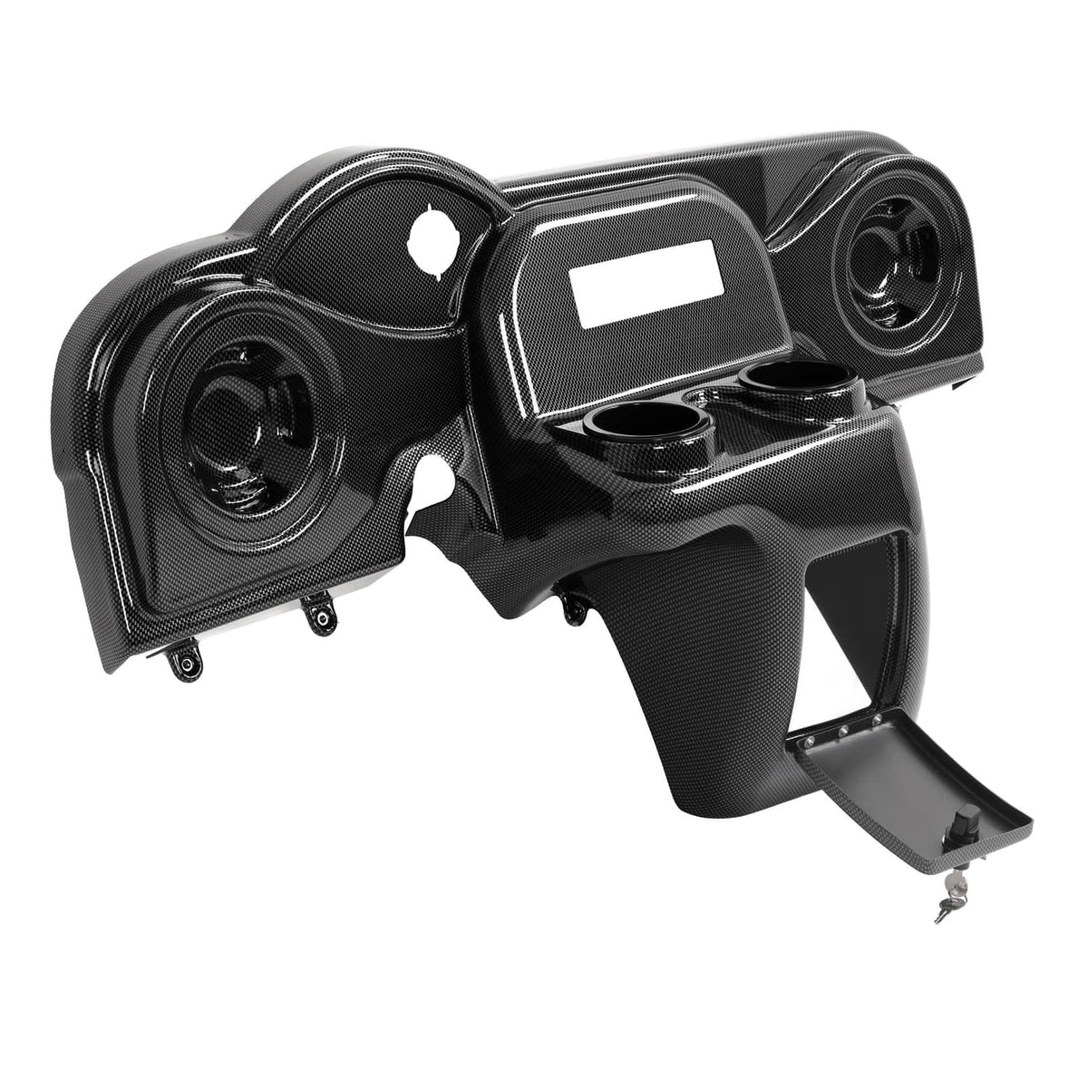 Golf cart dash cover with radio face, dual speakers, and open accessory cup holder