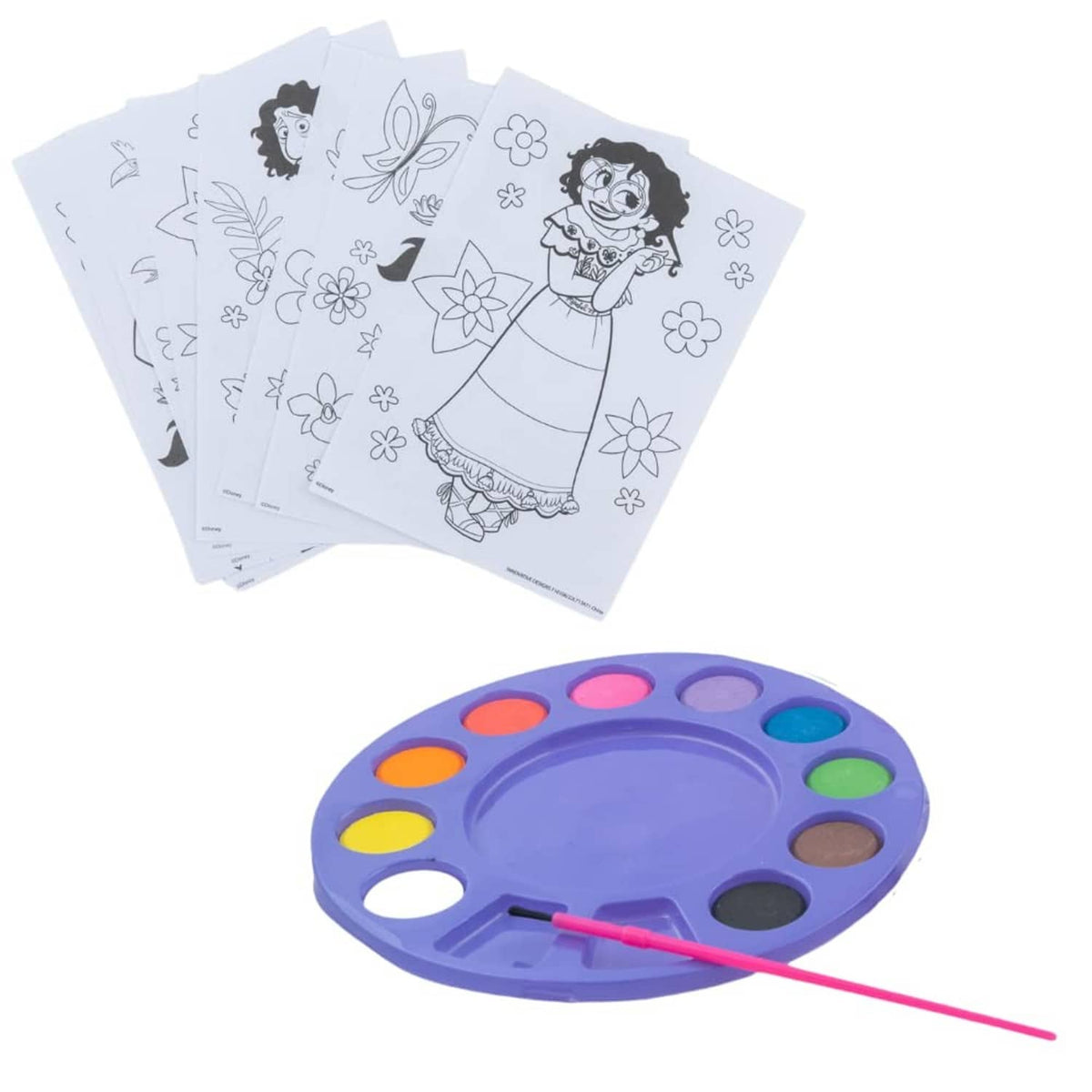 Encanto sketch sheets with line art and watercolor palette with a pink paintbrush tool