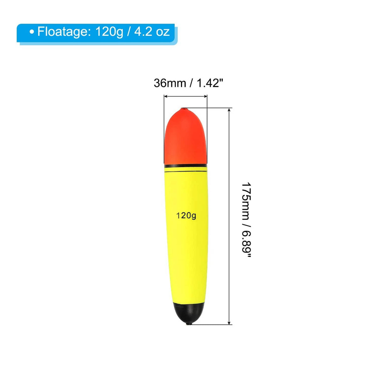 120g slip bobber, red top and yellow body with black bottom, about 175mm long