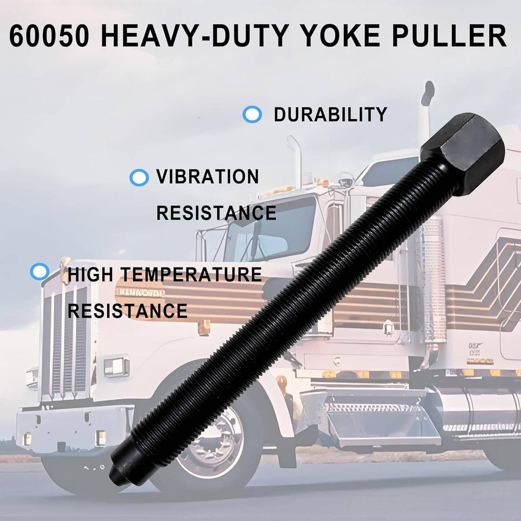 Heavy-duty yoke puller tool with long black threaded forcing screw and cap pull bar