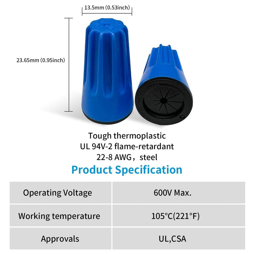 Blue and black waterproof wire connector nuts with visible size dimensions