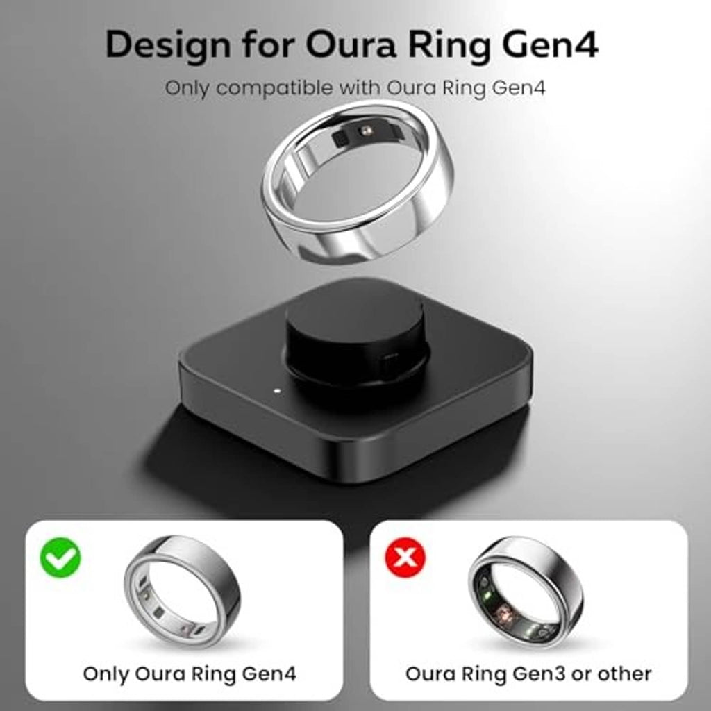 Black smart ring charging dock with circular cradle and silver ring contact area