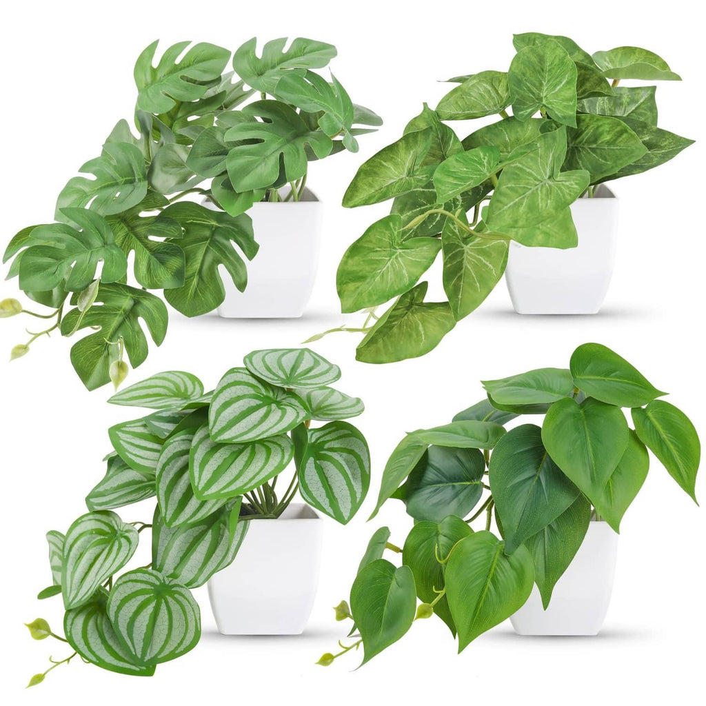 4-pack small leafy artificial plants with green vines in white square pots