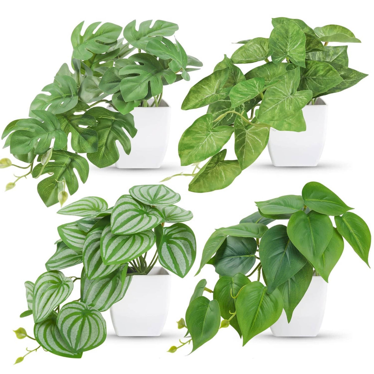 4-pack small leafy artificial plants with green vines in white square pots